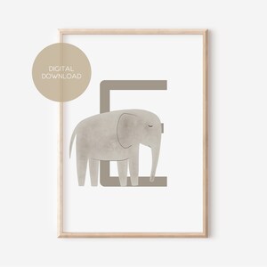 E - ELEFANTE / Inglés, Alemán / ABC, Alfabeto, Letra, Animal, Nombre / Cartel de guardería / Descarga digital