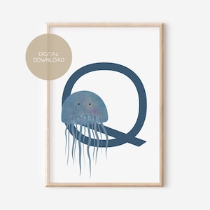 Q - QUALLE / Alemão / ABC, Alfabeto, Letra, Animal, Nome / Pôster de berçário / Download digital