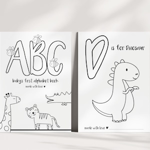 Englisches Babyshower ABC-Malbuch mit Tiermotiven. Jede Seite zeigt einen Buchstaben von A bis Z und ein passendes Tier zum Ausmalen. Alphabet-Malbuch für Kleinkinder, Kinder und als Babyparty-Geschenk.