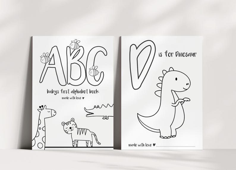 Englisches Babyshower ABC-Malbuch mit Tiermotiven. Jede Seite zeigt einen Buchstaben von A bis Z und ein passendes Tier zum Ausmalen. Alphabet-Malbuch für Kleinkinder, Kinder und als Babyparty-Geschenk.