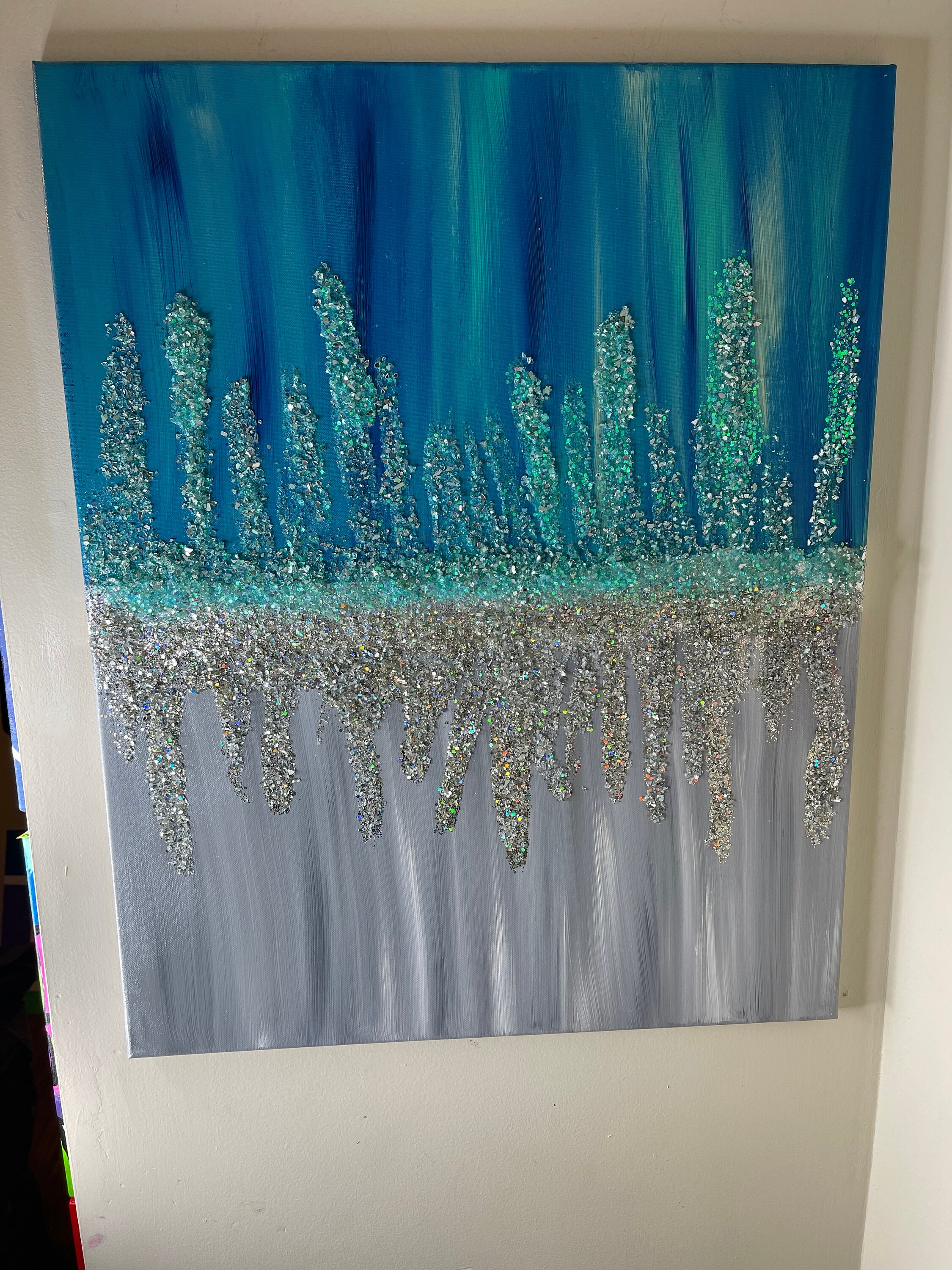 Made to Order Textured Glitter Painting by Lisa Gates With Broken Mirror, Crushed  Glass, Glitter and Lots of Sparkle. Gray/ Silver Painting 