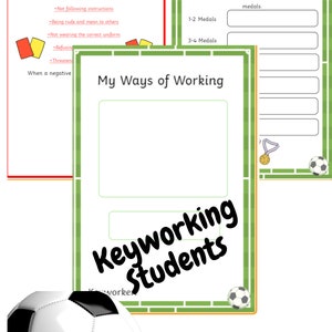 Può includere: Un grafico da aula stampabile a tema calcistico. Il grafico è verde e arancione con un pallone da calcio e una medaglia d'oro. Il grafico ha il titolo "Keyworking Students" e il testo "My Ways of Working".