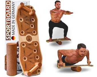 SPORTBOARD - Handgemachtes Balance Liegestütze Brett aus 100% Echtholz inkl. Rolle und Fitness Band - Balance Board & Push up Board