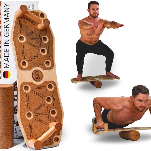 SPORTBOARD - Handgemaakt balance-push-up board van 100% echt hout incl. roller en fitnessband - balance board & push up board
