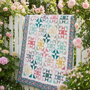 Garden Starburst Throw Quilt Pattern | Modern Floral Border (PDF Download)