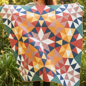 Può includere: Una trapunta colorata con un motivo geometrico a stella. La trapunta presenta triangoli nei toni del rosso, arancione, giallo, blu e bianco, con un bordo verde. La trapunta è mostrata su uno sfondo naturale.