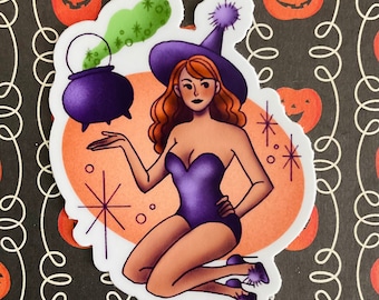 Pinup Witch and Cauldron Sticker | Retro Pinup Halloween Die Cut Vinyl Sticker