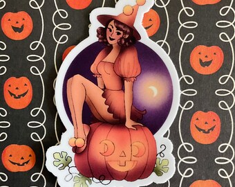 Pinup Witch and Pumpkin Sticker | Retro Pinup Halloween Die Cute Vinyl Sticker