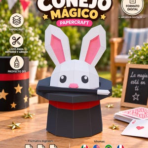 Puede incluir: Una plantilla de papercraft de un conejo blanco con orejas rosadas saliendo de un sombrero de copa negro con una banda roja. El diseño incluye una varita mágica negra frente al conejo. El texto en la imagen incluye Pattern & Template, CONEJO MÁGICO, PAPERCRAFT y Formato Digital.
