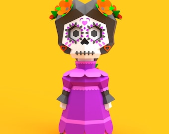 May include: A papercraft figurine of a Day of the Dead skeleton wearing a purple dress and a flower crown. The skeleton has a sugar skull face with black eyes and a pink nose.