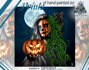 Halloween mural, autumn wall art, autumn decoration, Halloween decoration, wall decoration, decoration | pumpkin, woman, cat, drawing | art | special | art print