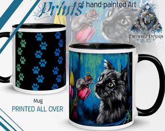 Cute mug with cat, mouse and paw print design | Unique coffee mug with a fun animal drawing | Personalized gift for cat lovers