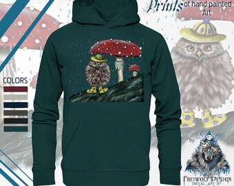 Sustainable and cute autumn sweater with an owl motif | Comfortable organic cotton hoodie with a fun rain mushroom print | Special gift