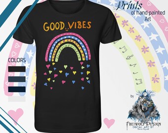 Sustainable, comfortable Good Vibes Rainbow T-Shirt | Festival Love Heart Positive Design | 100% Organic Cotton | Special Gift | Shirt