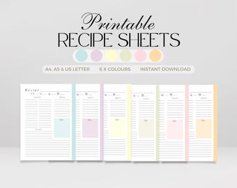 Puede incluir: Seis hojas de recetas imprimibles en diferentes colores: azul claro, lavanda, amarillo, verde, rosa y naranja. Las hojas están diseñadas para los tamaños A4, A5 y US Letter. El texto "Recipe" está en la parte superior de cada hoja.