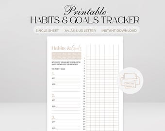 May include: Printable habits and goals tracker with a calendar grid and space to list goals and habits. The tracker is designed to help you reach your goals by creating habits that will support them. The printable is available in A4, A5, and US letter sizes.