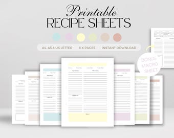 Puede incluir: Hojas de recetas imprimibles en ocho colores pastel diferentes. Las hojas están diseñadas para los tamaños A4, A5 y US Letter. El texto en la imagen dice "Hojas de recetas imprimibles", "A4, A5 & US Letter", "8 x Páginas", "Descarga instantánea" y "Hoja macro de bonificación".