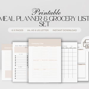 Afdrukbare maaltijdplanner en boodschappenlijstset (digitale download)
