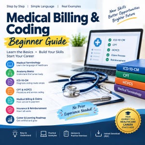 Pode incluir: Um guia para iniciantes em faturamento e codificação médica com um laptop, um estetoscópio azul e quatro livros intitulados ICD-10-CM, CPT, HCPCS e Medical Terminology. O texto inclui New Skills Better Opportunities Brighter Future.