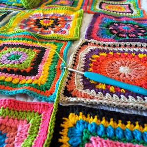 May include: A close-up of a colorful crochet blanket being worked on with a blue crochet hook. The blanket is made up of multiple squares in different colors, including red, orange, yellow, green, blue, purple, and black. The squares are joined together with a white yarn.