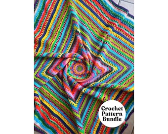 Crochet Blanket Pattern Bundle - 3 Colorful Crochet Blankets (US terminology digital downloads)