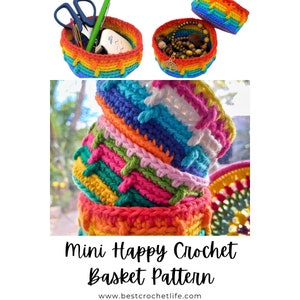 Mini Happy Basket | Crochet Basket Pattern, Basket Crochet, Crocheted Basket Pattern, Crochet Pattern Storage, Crochet Pattern Home Decor