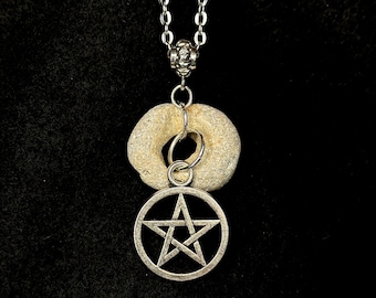 Handmade HagStone Necklace with pentacle charm for Protection and Good Luck - Unique Nature Jewelry with Spiritual Properties - Perfect Gift
