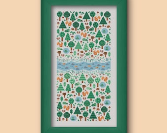 Folk forest cross stitch pattern, Download scandi woodland cross stitch pattern, PDF nordic counted cross stitch pattern