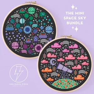 Conjunto de 2 patrones de punto de cruz espacial, gráfico de punto de cruz de galaxia moderna, patrón de punto de cruz de estrellas lindas, PDF de punto de cruz de cielo nocturno