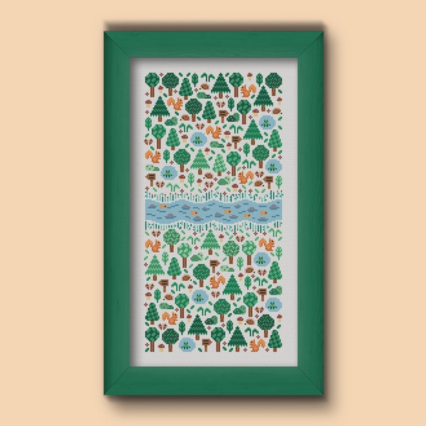 Folk forest cross stitch pattern, Download scandi woodland cross stitch pattern, PDF nordic counted cross stitch pattern