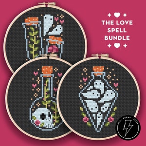 May include: Three embroidery hoop patterns featuring black and white illustrations of potion bottles with ghosts, flowers, and skulls. The text "THE LOVE SPELL BUNDLE" is displayed above the hoops.