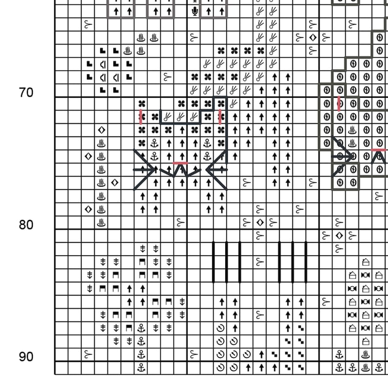 Cross stitch "Cat Garden" pattern sample. Cross stitch grid with black symbols and white background.