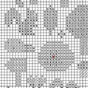 Cross stitch "Forest Garden" pattern sample. Cross stitch grid with black symbols and white background.
