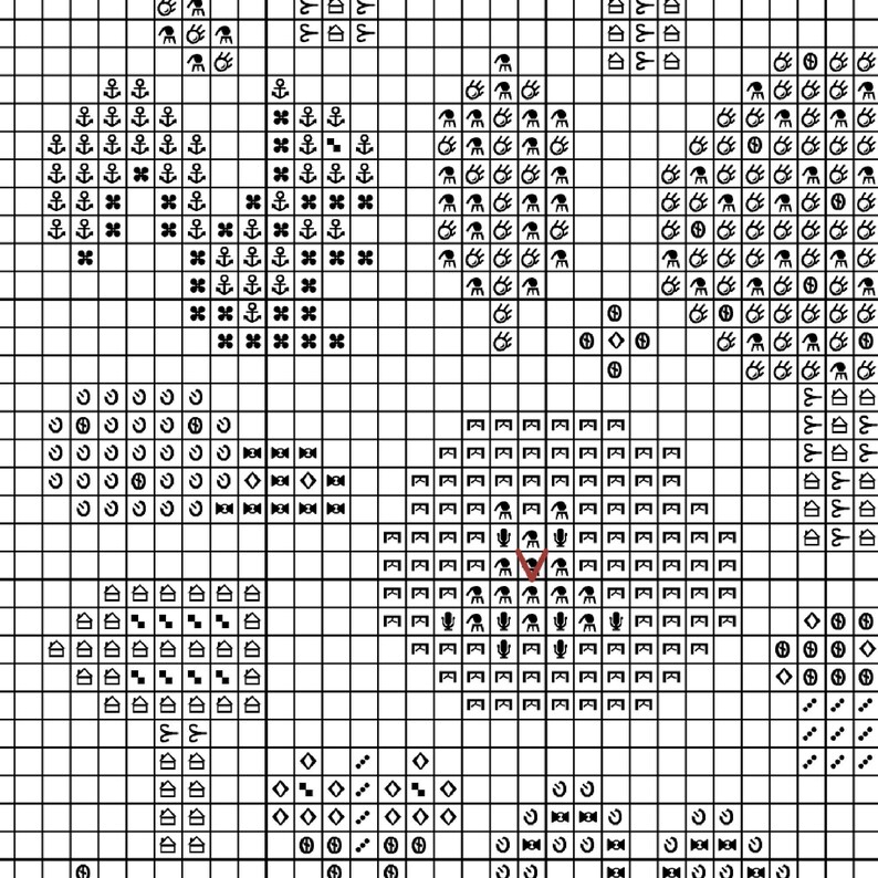 Cross stitch "Forest Garden" pattern sample. Cross stitch grid with black symbols and white background.