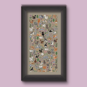 Cat themed cross stitch pattern. Cross stitch design consisting in many different cats playing in a flower garden. There are all kinds of kitties, from calico, to black to orange cats. Also persian cats and sphynx cats. The style is modern and minimalist and the cats are tiny. This is a great cross stitch project for any cat lover. Stitched on linen color Aida fabric.