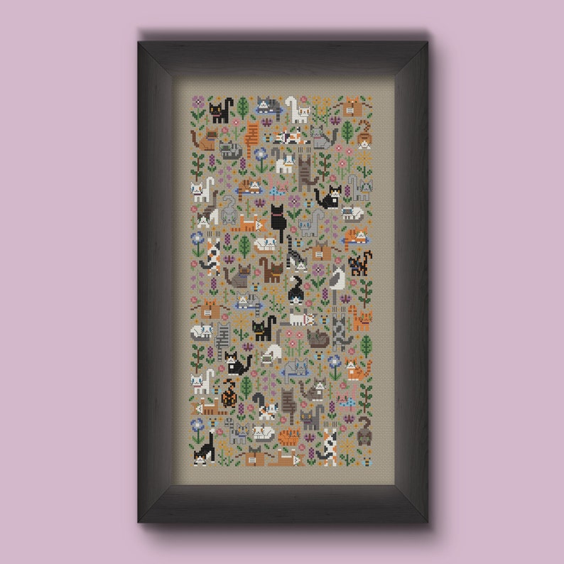 Cat themed cross stitch pattern. Cross stitch design consisting in many different cats playing in a flower garden. There are all kinds of kitties, from calico, to black to orange cats. Also persian cats and sphynx cats. The style is modern and minimalist and the cats are tiny. This is a great cross stitch project for any cat lover. Stitched on linen color Aida fabric.