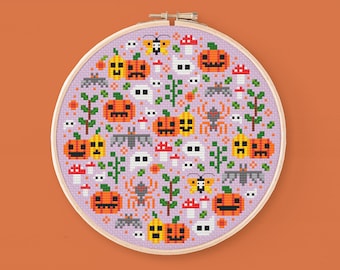 Schema punto croce Pumpkin Field Mini Halloween, schema punto croce moderno, punto croce digitale spettrale, punto croce PDF cottagecore