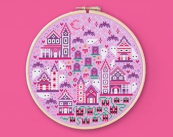 Valloween Town Cross Stitch Pattern, Spooky cross stitch chart, Cute digital cross stitch, PDF pastel gothic cross stitch, Pink Cross Stitch