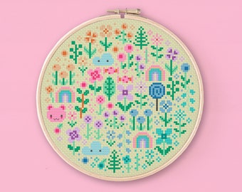 Mini Pastel Garden Cross Stitch Pattern: Rainbow Kawaii Embroidery (PDF Pattern)