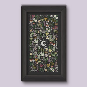 Night Garden, Cottagecore gothic cross stitch pattern, Dark witchy digital Cross Stitch, PDF modern woodland cross stitch pattern