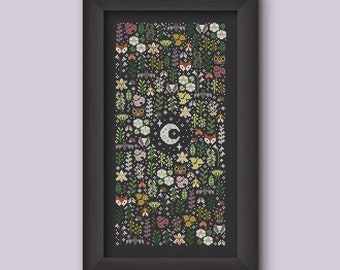 Night Garden, Cottagecore gothic cross stitch pattern, Dark witchy digital Cross Stitch, PDF modern woodland cross stitch pattern