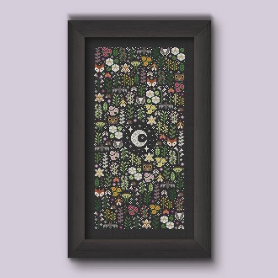 Night Garden Cross Stitch Pattern: Gothic Cottagecore Woodland (PDF)