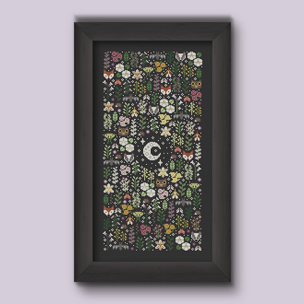 Night Garden Cross Stitch Pattern: Gothic Cottagecore Woodland (PDF)