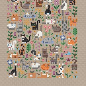 Close up detail of the cat garden cross stitch pattern. Showing a lot of different cats (brown cats, calico cats, white persian cats, cats in boxes, cats scratching) and many flowers in shades of purple, pink, blue and yellow. There are also bees and butterflies. The cats are small, modern and minimalist.