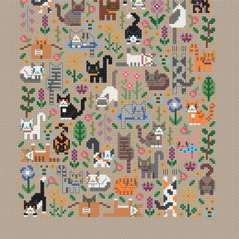 Close up detail of the cat garden cross stitch pattern. Showing a lot of different cats (brown cats, calico cats, white persian cats, cats in boxes, cats scratching) and many flowers in shades of purple, pink, blue and yellow. There are also bees and butterflies. The cats are small, modern and minimalist.