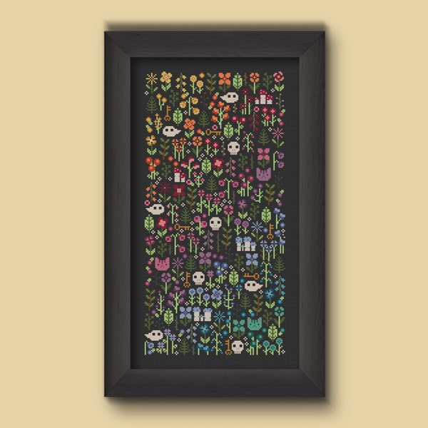 Patrón de punto de cruz Jardín Arcoíris, Floral Espeluznante (PDF)
