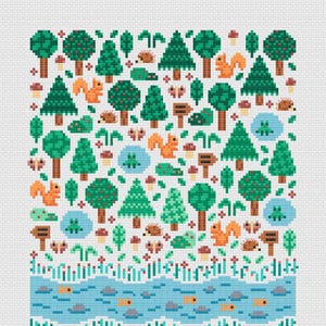 Close up detail of the Forest Garden. Showing trees, plants, hedgehogs, mushrooms, frogs, fish and squirrels. Embroidered on white Aida, this is a modern and cute design, great for nursery decor.