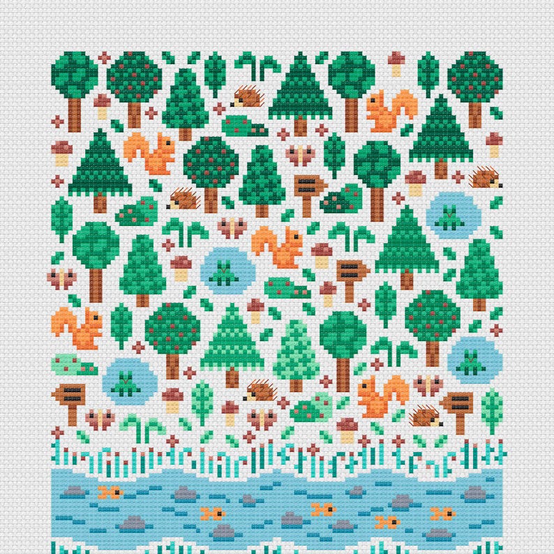 Close up detail of the Forest Garden. Showing trees, plants, hedgehogs, mushrooms, frogs, fish and squirrels. Embroidered on white Aida, this is a modern and cute design, great for nursery decor.