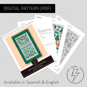 Cross stitch pattern "Forest Garden" shown in its PDF format (mockup of the pages). Text saying "Available in spanish and english".