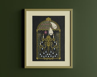 Haunted house with ghosts cross stitch, Spooky mansion digital stitch pattern, Gothic ghosts PDF cross stitch chart, Chandelier cross stitch